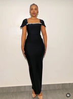 Off Shoulder Beaded Black Maxi Dress H6653