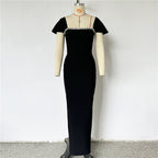 Off Shoulder Beaded Black Maxi Dress H6653