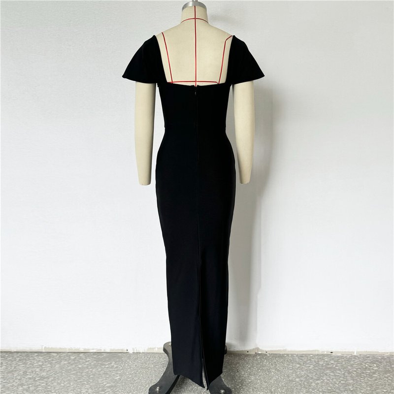 Off Shoulder Beaded Black Maxi Dress H6653