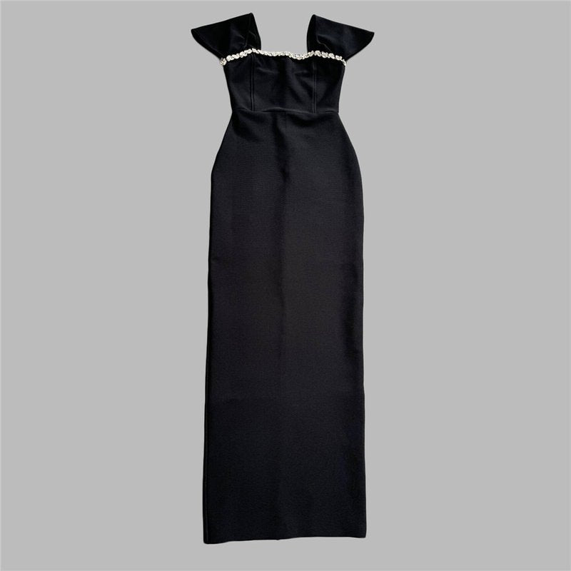 Off Shoulder Beaded Black Maxi Dress H6653