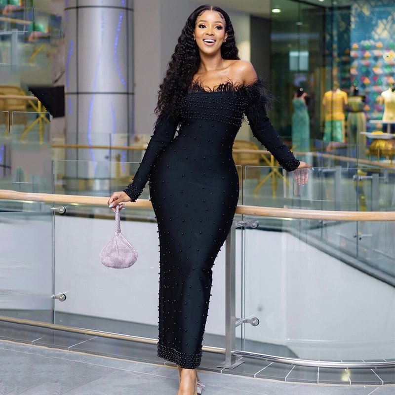 Off Shoulder Beaded Midi Dress H6061