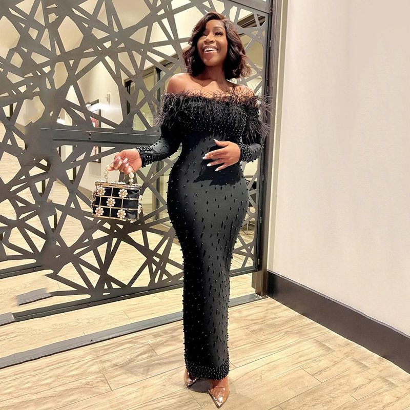 Off Shoulder Beaded Midi Dress H6061