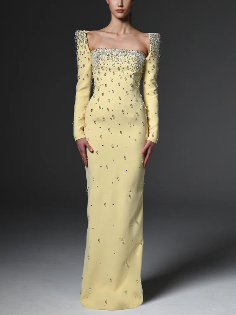 Off-Shoulder Beaded Yellow Maxi Dress H6735