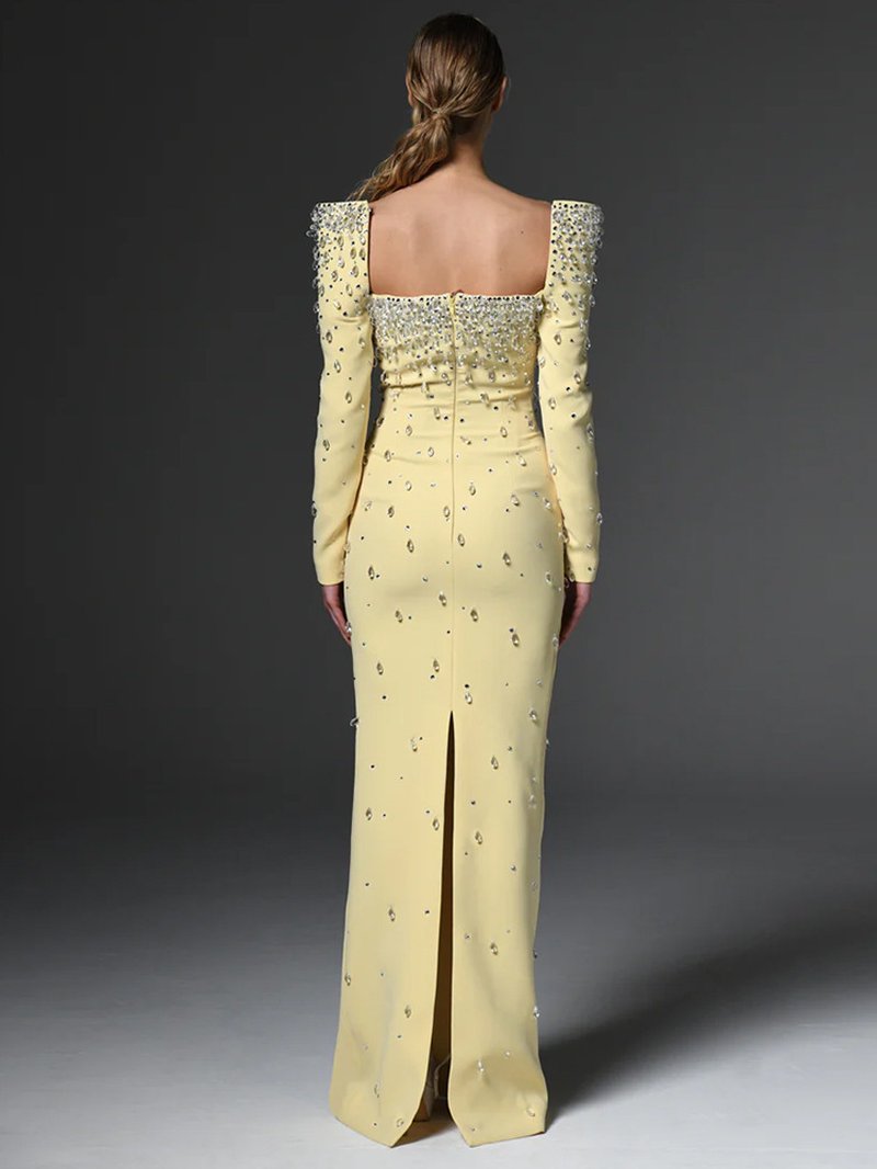 Off-Shoulder Beaded Yellow Maxi Dress H6735
