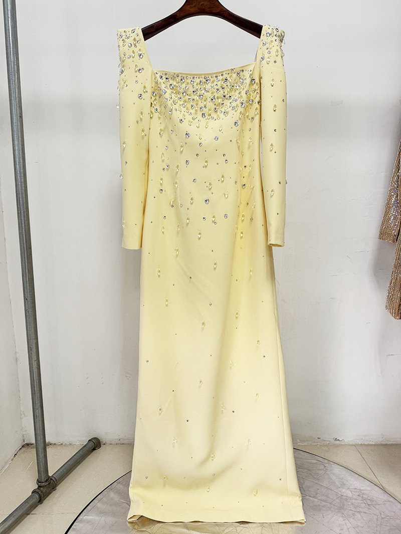 Off-Shoulder Beaded Yellow Maxi Dress H6735