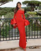 Off Shoulder Bell Sleeve Red Gown H6511
