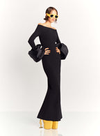 Off Shoulder Bell Sleeve Red Gown H6511