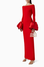 Off Shoulder Bell Sleeve Red Gown H6511