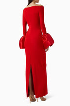 Off Shoulder Bell Sleeve Red Gown H6511
