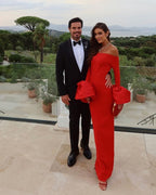 Off Shoulder Bell Sleeve Red Gown H6511