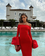 Off Shoulder Bell Sleeve Red Gown H6511