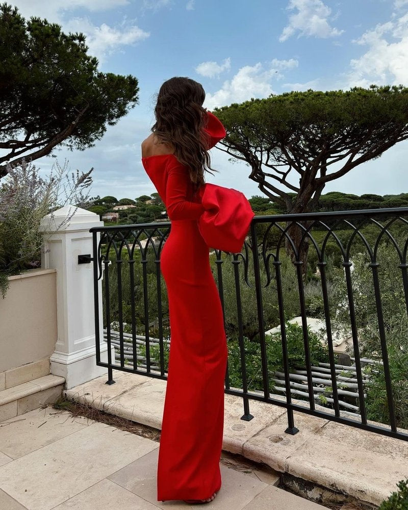 Off Shoulder Bell Sleeve Red Gown H6511