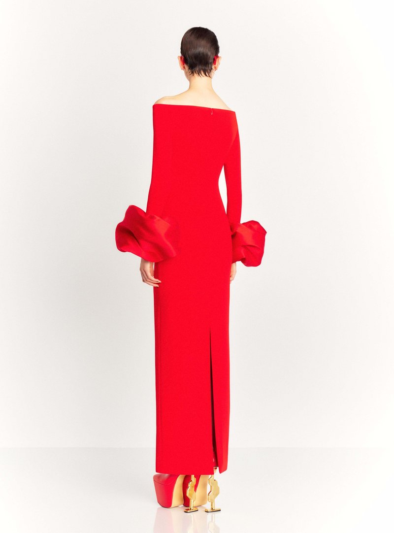 Off Shoulder Bell Sleeve Red Gown H6511