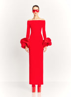 Off Shoulder Bell Sleeve Red Gown H6511