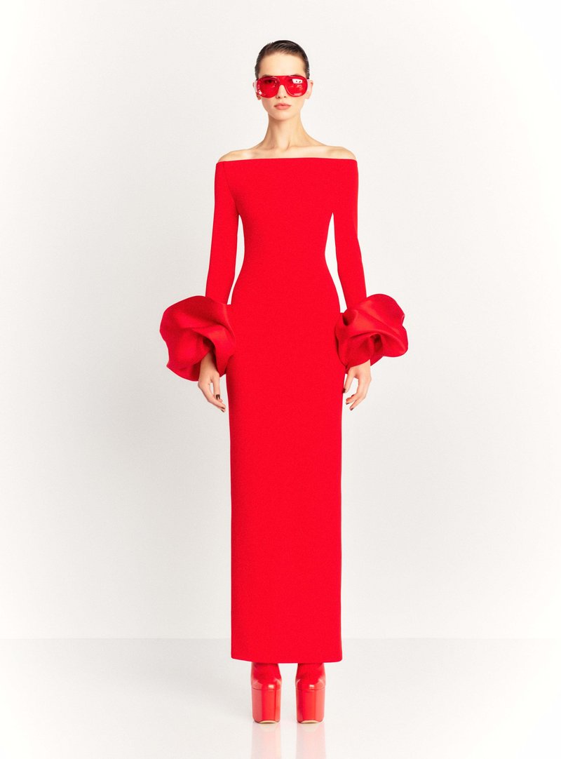 Off Shoulder Bell Sleeve Red Gown H6511