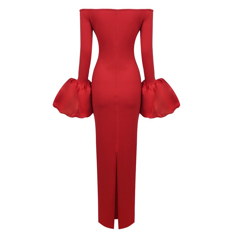 Off Shoulder Bell Sleeve Red Gown H6511