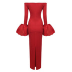 Off Shoulder Bell Sleeve Red Gown H6511
