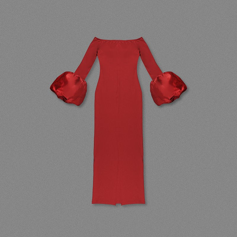Off Shoulder Bell Sleeve Red Gown H6511