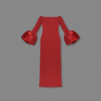 Off Shoulder Bell Sleeve Red Gown H6511