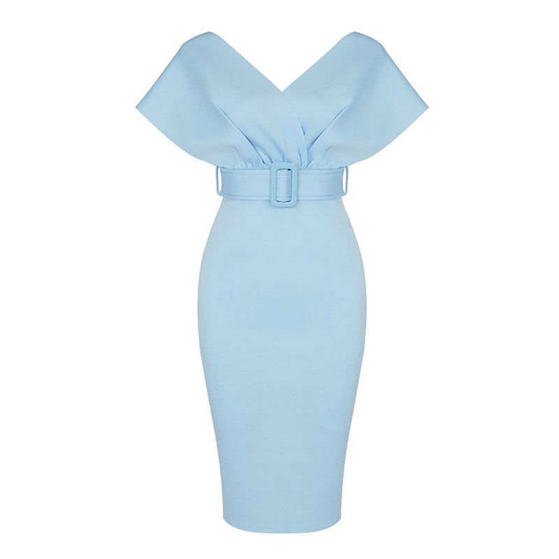 Off Shoulder Belted Midi Dress H4116