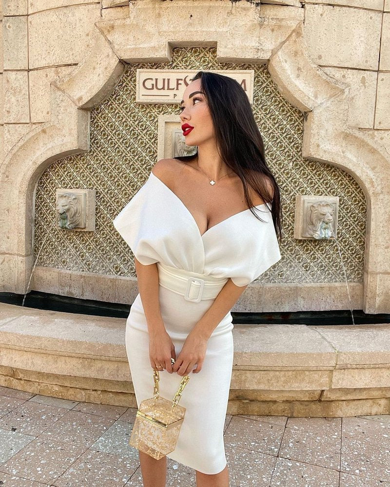 Off Shoulder Belted Midi Dress H4116