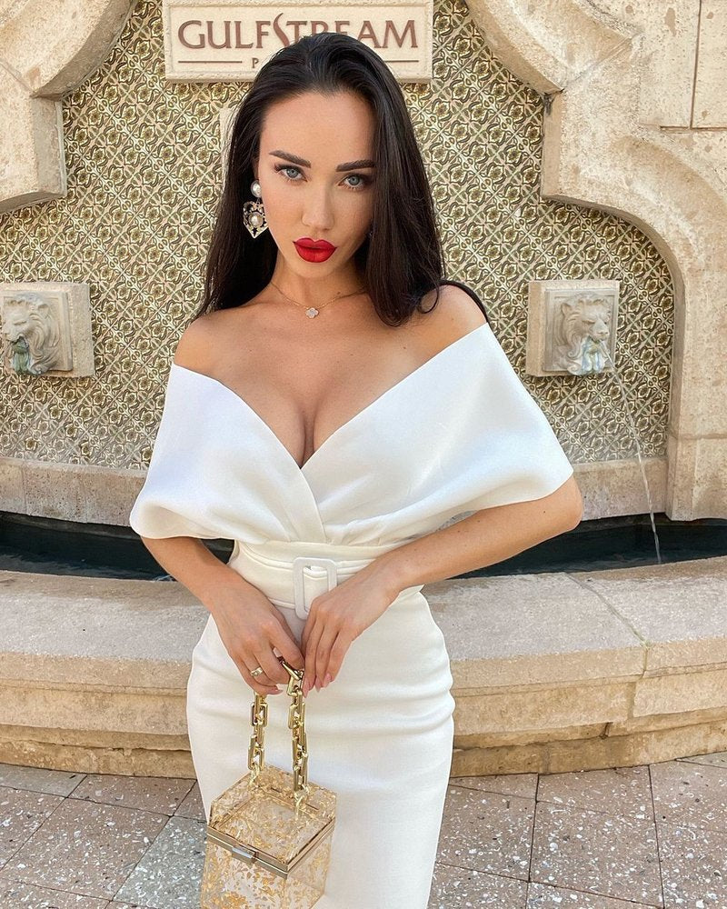 Off Shoulder Belted Midi Dress H4116