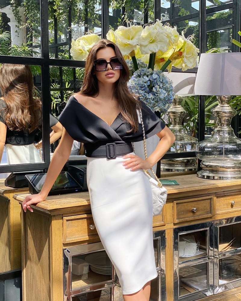 Off Shoulder Belted Midi Dress H4116