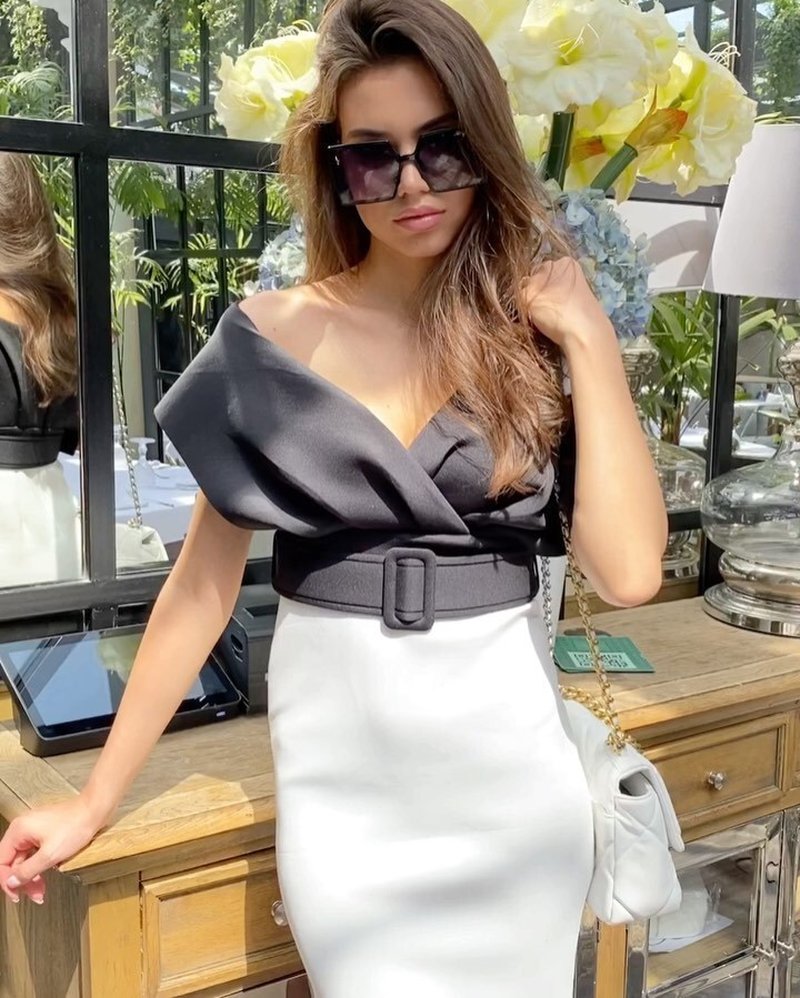 Off Shoulder Belted Midi Dress H4116