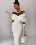 Off Shoulder Belted Midi Dress H4116