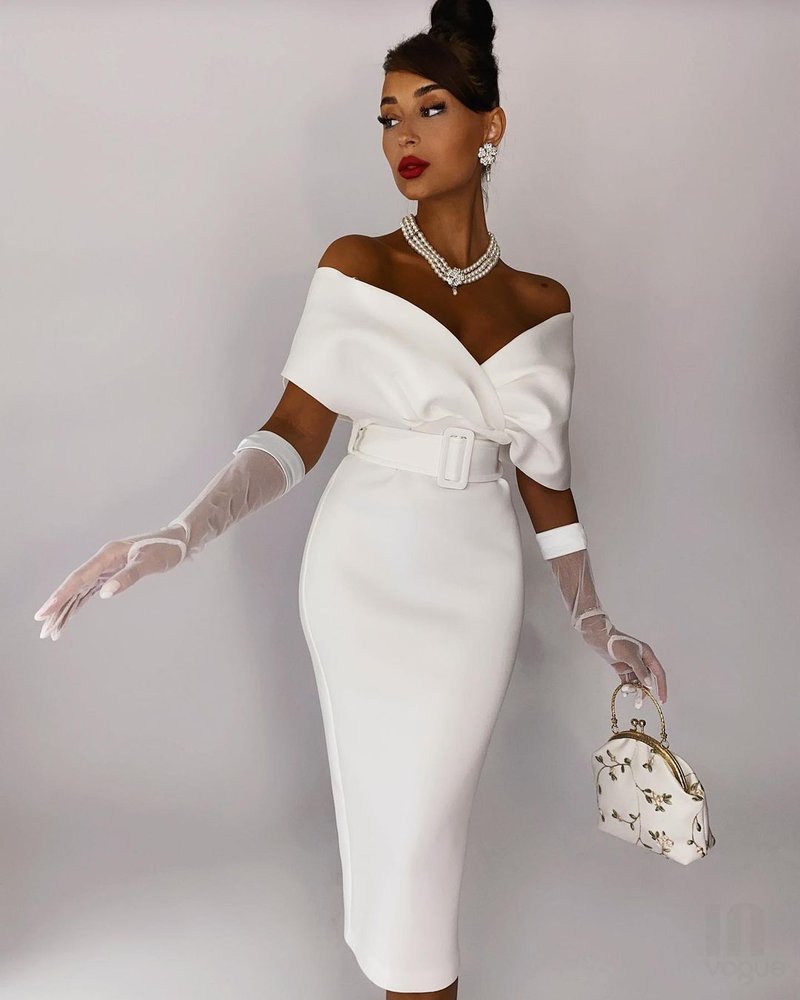 Off Shoulder Belted Midi Dress H4116