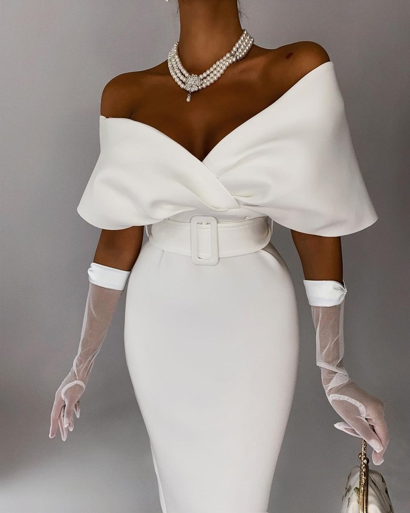 Off Shoulder Belted Midi Dress H4116