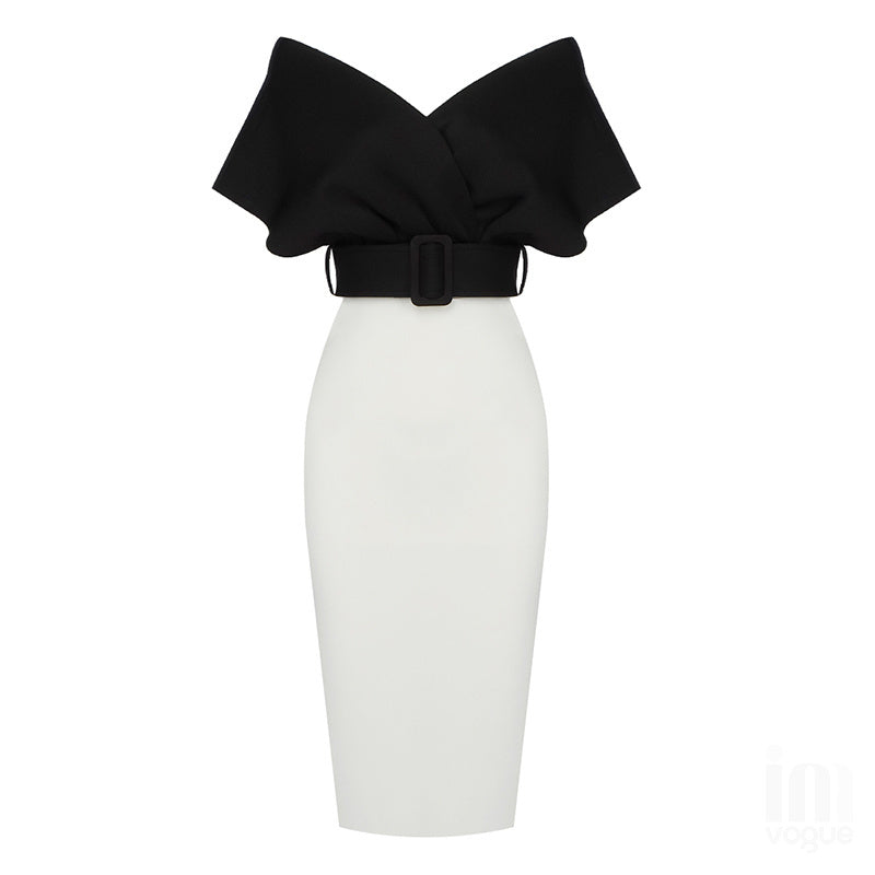 Off Shoulder Belted Midi Dress H4116