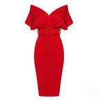 Off Shoulder Belted Midi Dress H4116