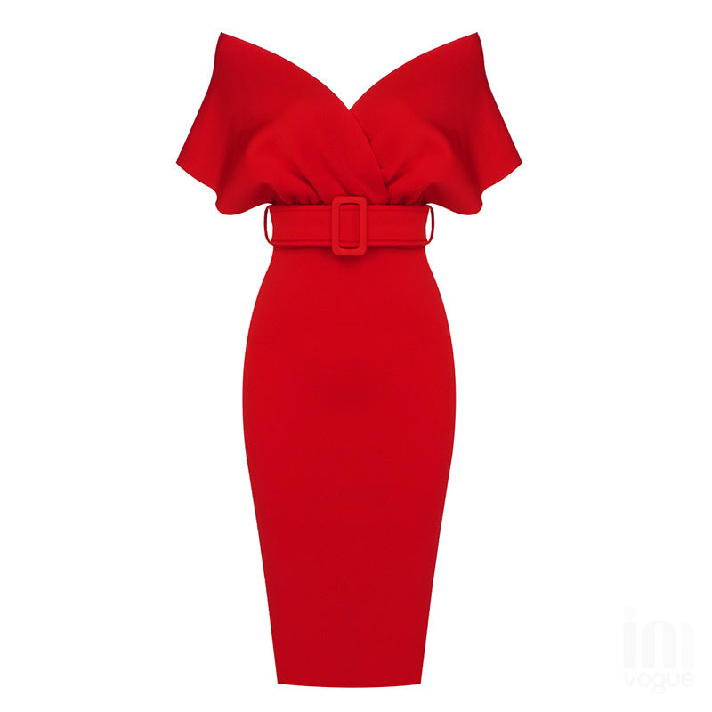 Off Shoulder Belted Midi Dress H4116