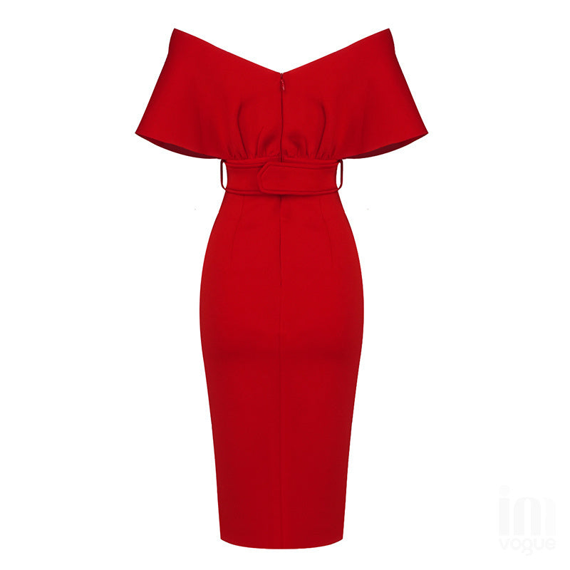 Off Shoulder Belted Midi Dress H4116