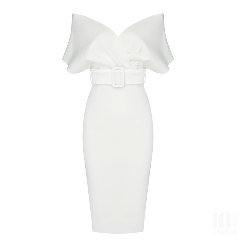 Off Shoulder Belted Midi Dress H4116