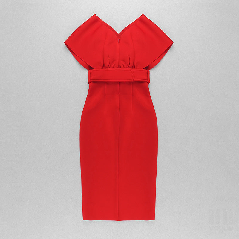 Off Shoulder Belted Midi Dress H4116