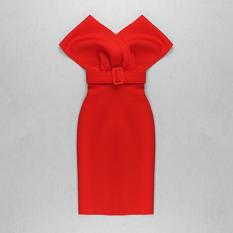Off Shoulder Belted Midi Dress H4116