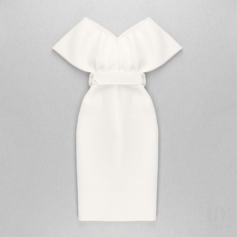 Off Shoulder Belted Midi Dress H4116