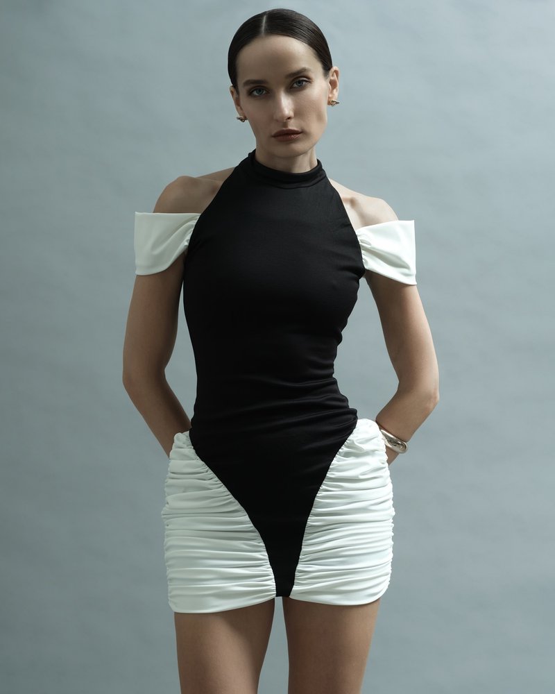 Off-Shoulder Black and White Ruched Mini Dress H6900