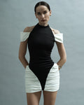 Off-Shoulder Black and White Ruched Mini Dress H6900