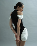 Off-Shoulder Black and White Ruched Mini Dress H6900