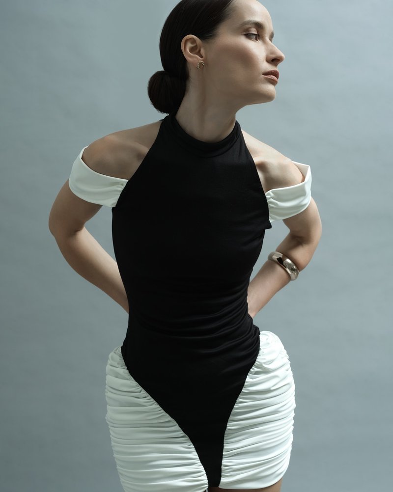 Off-Shoulder Black and White Ruched Mini Dress H6900