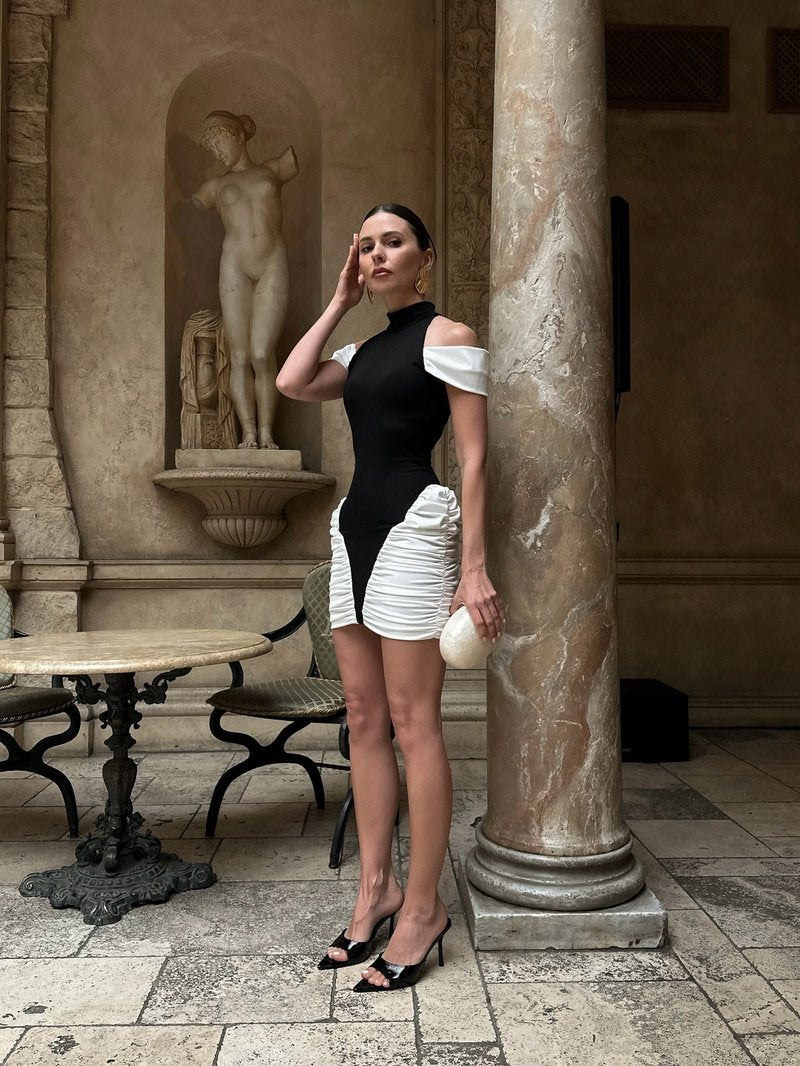 Off-Shoulder Black and White Ruched Mini Dress H6900