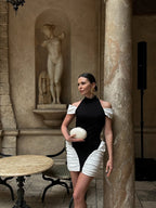 Off-Shoulder Black and White Ruched Mini Dress H6900