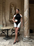 Off-Shoulder Black and White Ruched Mini Dress H6900