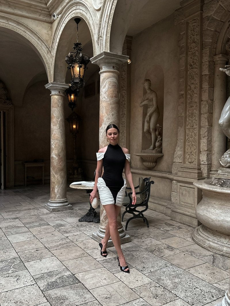 Off-Shoulder Black and White Ruched Mini Dress H6900
