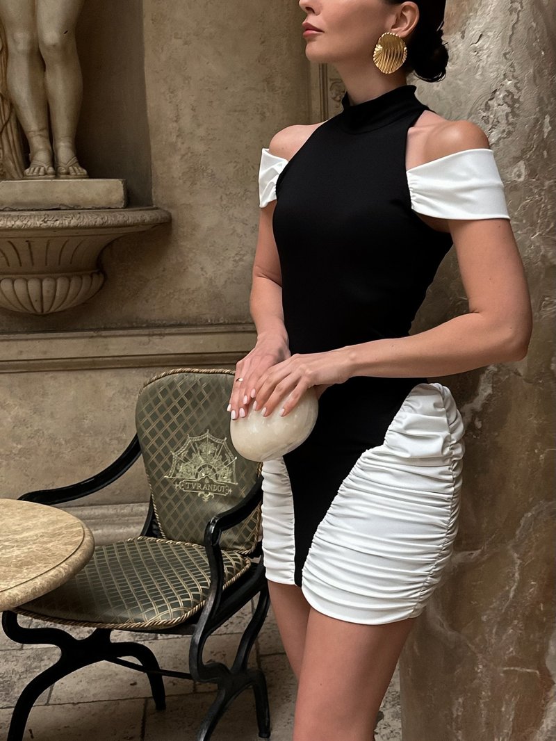 Off-Shoulder Black and White Ruched Mini Dress H6900