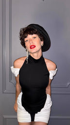 Off-Shoulder Black and White Ruched Mini Dress H6900