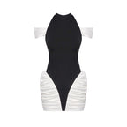 Off-Shoulder Black and White Ruched Mini Dress H6900